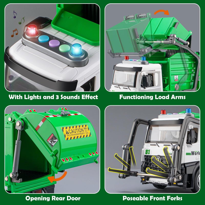 TAKGUD Garbage Truck Toys for Boys  12"" Big Trash Truck with Lights and Sounds  Friction Powered Waste Management Recycling Toy Set with 4 Trash Cans and Sorting Cards  Gift for Kids - Image 3